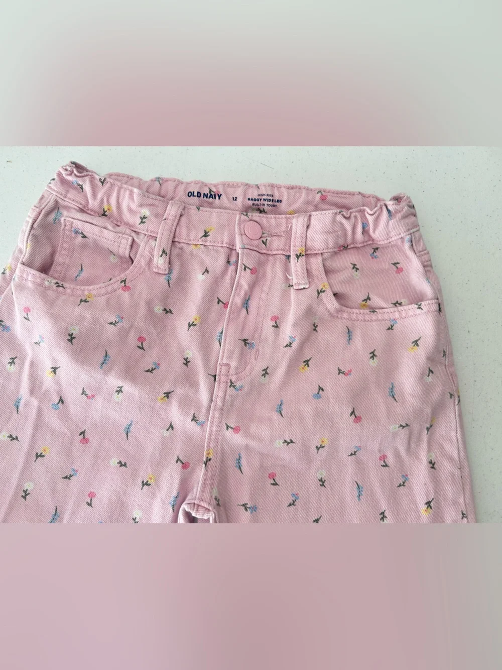 Old Navy Girls Size 12 High Rise Baggy Wide Leg Jeans Pink Floral Print Denim